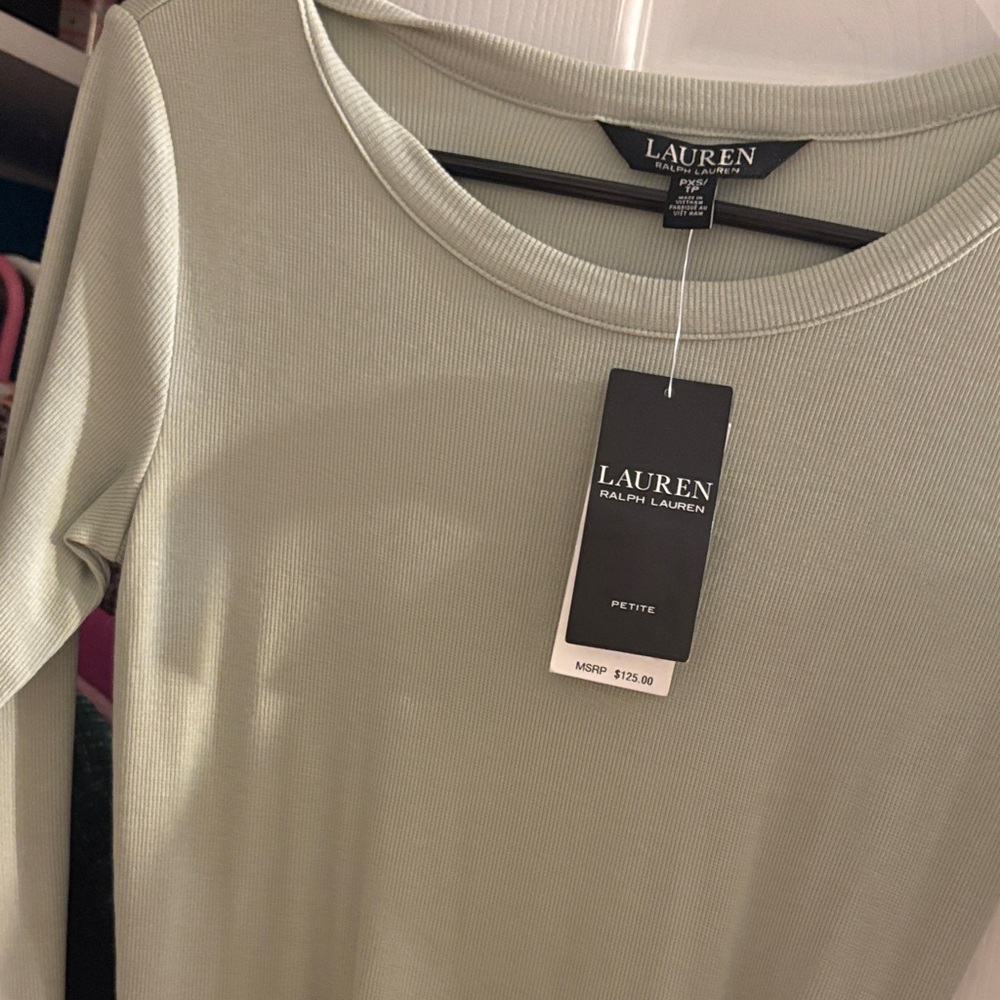 Lauren Ralph Lauren Petite Sage Green Ribbed Long Sleeve dress